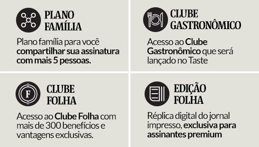 Plano Família: Plano família para você compartilhar sua assinatura com mais 5 pessoas. Clube Gastronômico: Acesso ao Clube Gastronômico que será lançado no Taste, Clube Folha: Acesso ao Clube Folha com mais de 300 benefícios e vantagens exclusivas, Edição Folha: Réplica digital do jornal impresso, exclusiva para assinantes premium.