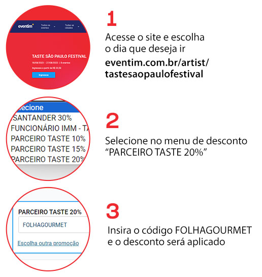 1) Acesse o site e escolha o dia que deseja ir: https://www.eventim.com.br/artist/tastesaopaulofestival/. 2) Selecione no menu de desconto “PARCEIRO TASTE 20%”. 3)  Insira o código FOLHAGOURMET e o desconto será aplicado.