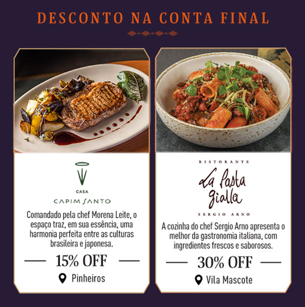 Desconto na conta final: Vista 20% Off | Dasain 15% Off