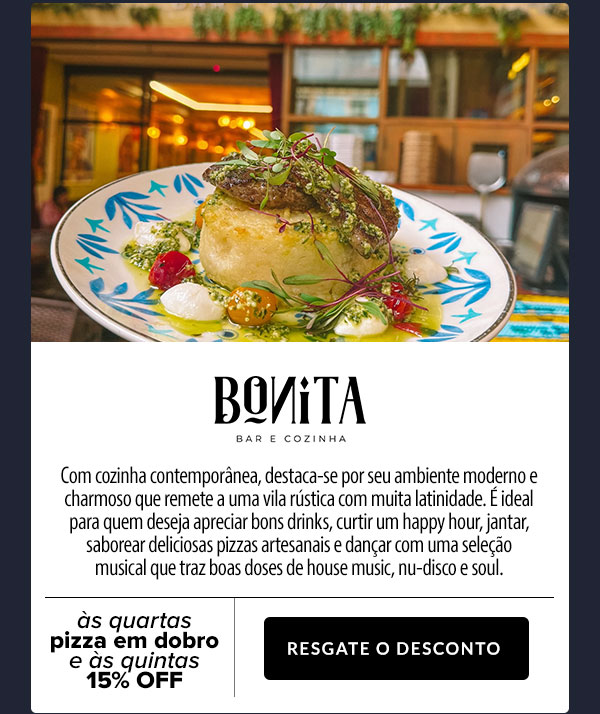 Bonita Bar e Cozinha: Pizza em dobro às quartas, 15% OFF às quintas
