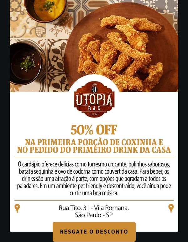 Utopia bar: 50% OFF na primeira porção de coxinha e no pedido do primeiro drink da casa