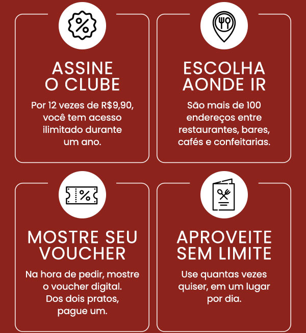Assine o clube | Escolha aonde ir | Mostre seu vouchre | Aproveite sem limite