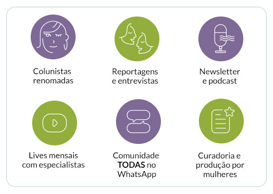 Colunistas renomadas | Reportagens e entrevistas | Newsletter e podcast | Lives mensais com especialistas | Comunidade TODAS no WhatsApp | Curadoria e 
produção por mulheres