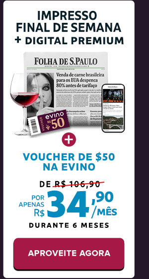 Impresso final de semana + digital premium + Voucher de R$ 50 na Evino. de R$ 106,90 por apenas: R$ 34,90/mês durante 6 meses