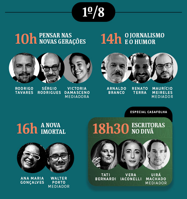 1º/8 - 10h Pensar nas novas gerações | 14h O jornalismo e o humor | 16h A nova imortal | 18h30 Escritoras no divã 