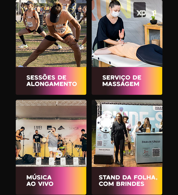 Sessões de alongamento, serviço de massagem, música ao vivo e stand da Folha com brindes