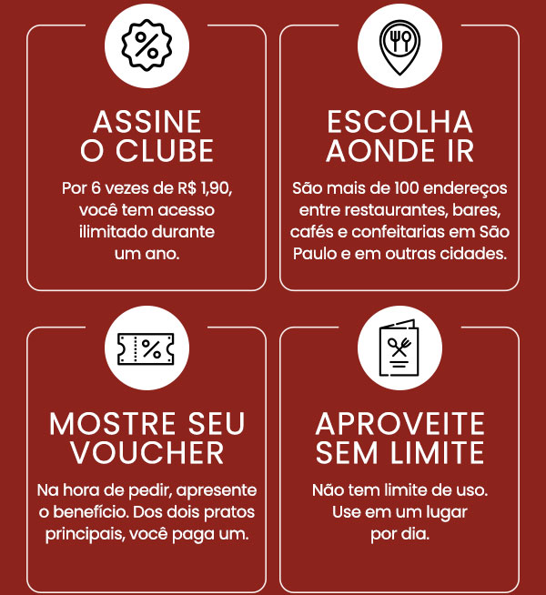 Assine o clube | Escolha aonde ir | Mostre seu vouchre | Aproveite sem limite