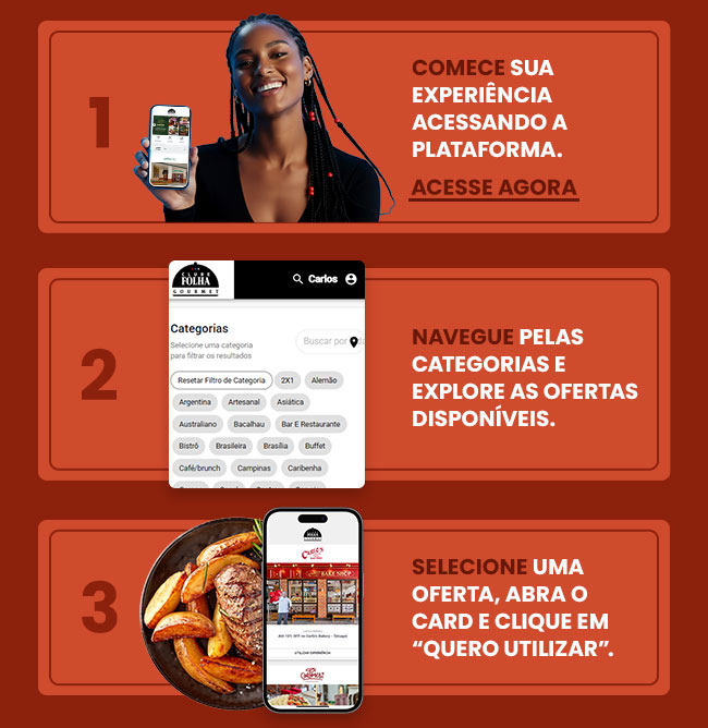 Comece sua experiência acesando a plataforma. Navegue pelas categorias e explore as ofertas. Seleciona uma oferta.