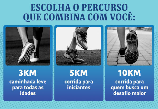 Escolha o percurso que combina com você: 3km, 5km, 10km